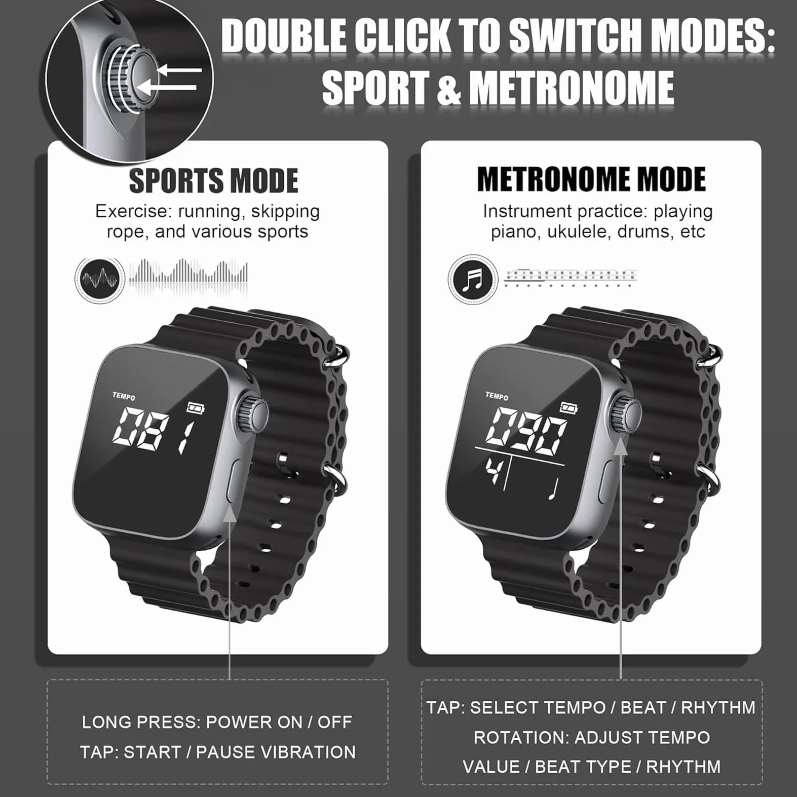 GOWENIC Orologio Metronomo Vibrante Digitale Regolabile da 40-240 Al Minuto per Allenamenti di Musicisti ABS