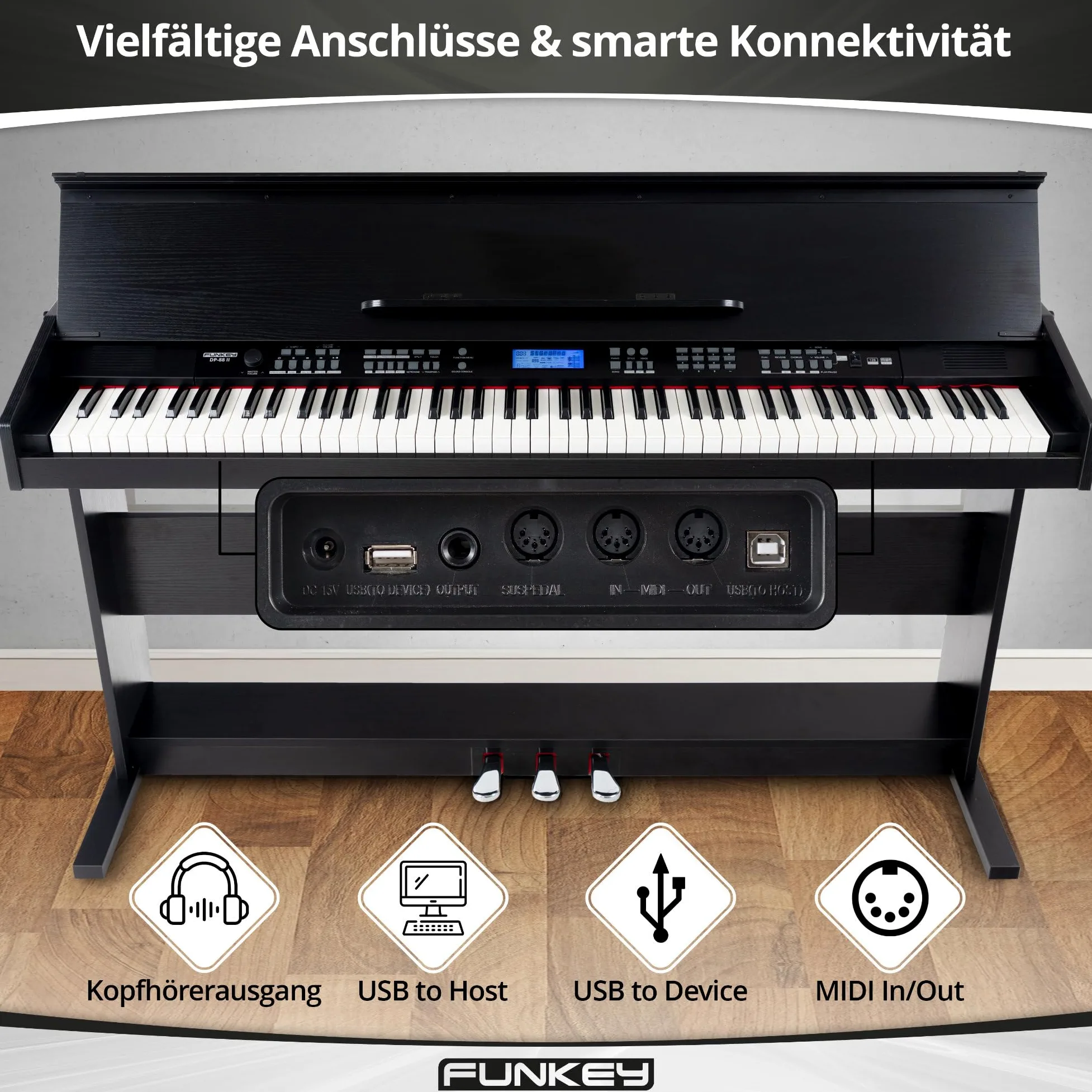 FunKey DP-88 II Pianoforte digitale nero Set con panca economy, cuffie e guida (tedesco)