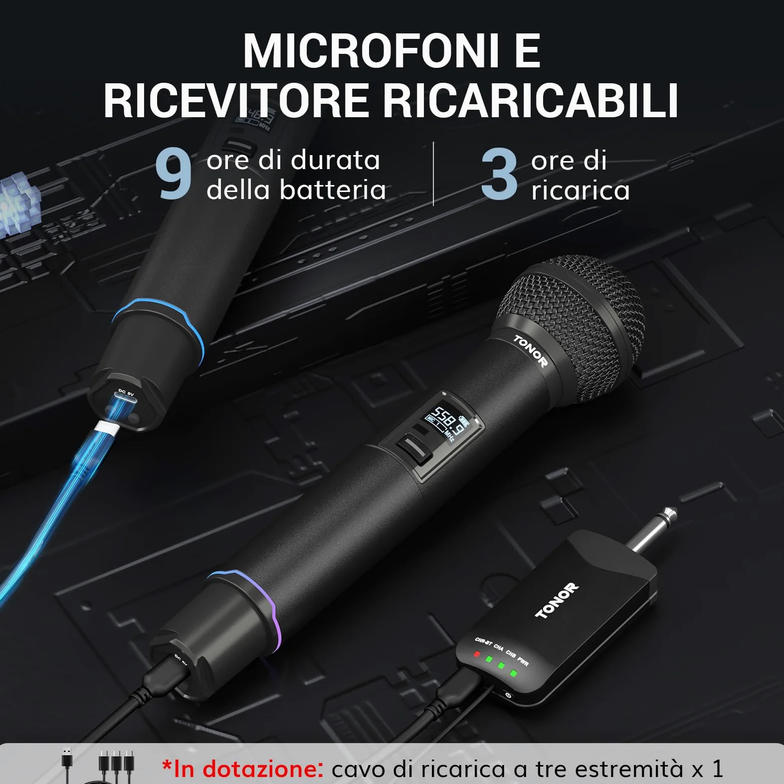 TONOR Microfono Wireless Professionale, Sistema Microfono Ricaricabile Bluetooth, Microfono Dinamico in Metallo UHF 2x25 per Karaoke, Chiesa, Canto, Matrimonio, Riunione, Mute con Clic, 100 M, TW720