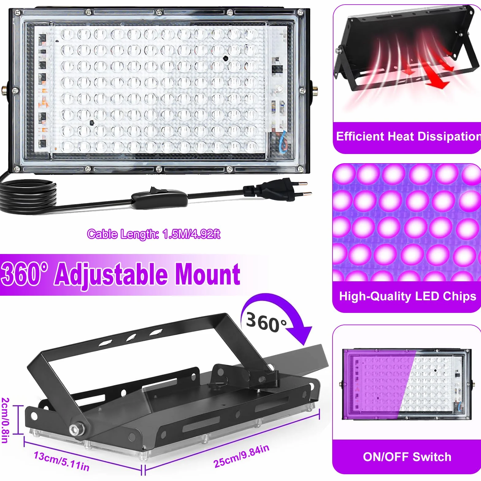 Luce Nera UV 100W, Indmird 2 Pezzi Faretto UV LED con Interruttore, 395-400nm Potente Faro UV Impermeabile IP65 Lampada UV per Festa Glow,Pittura,Acquario,Natale,Halloween