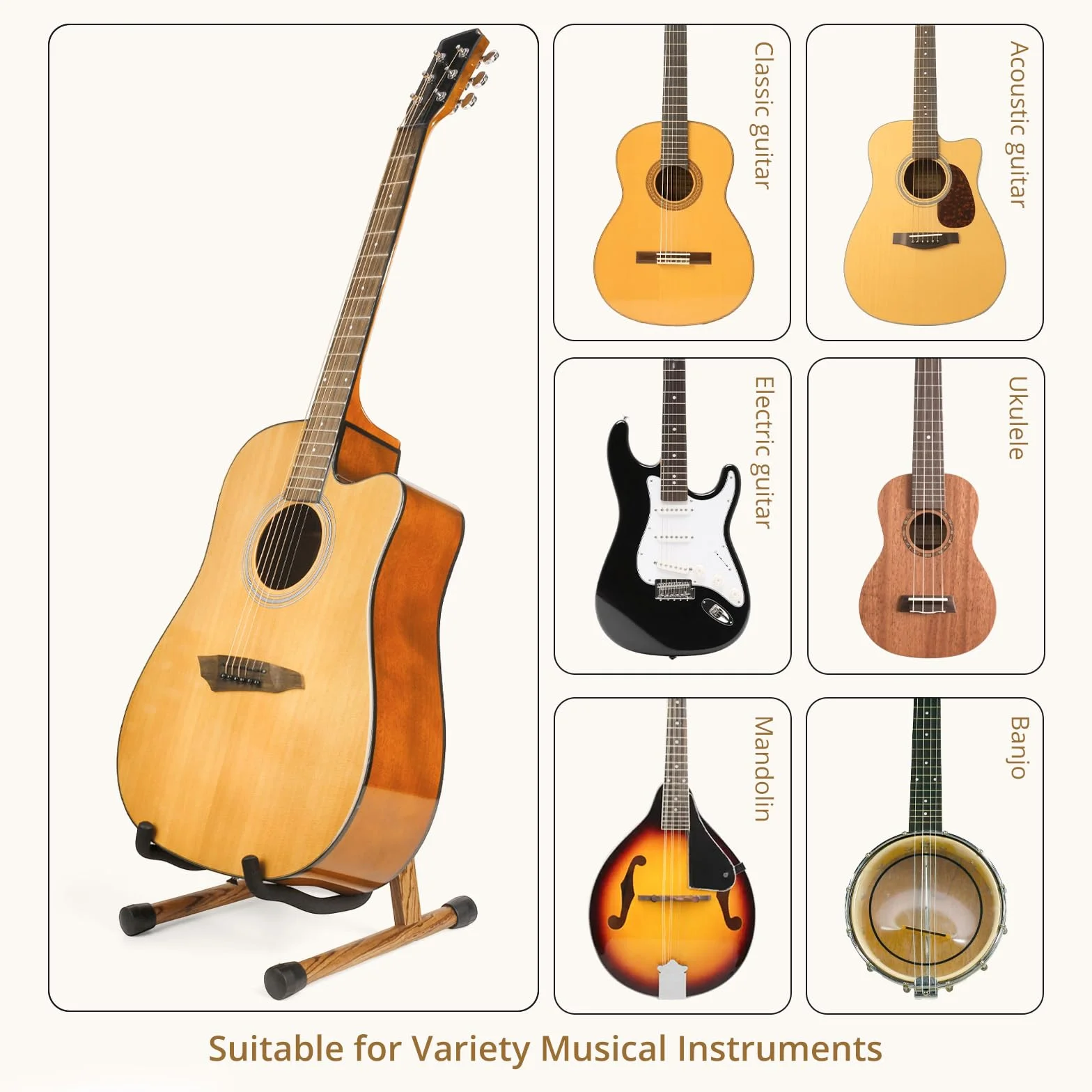 MUSO Supporto per chitarra, pieghevole, facile da montare e portatile, per basso, ukulele, banjo, violoncello, mandolino, supporto solido, durevole (legno zebrano)