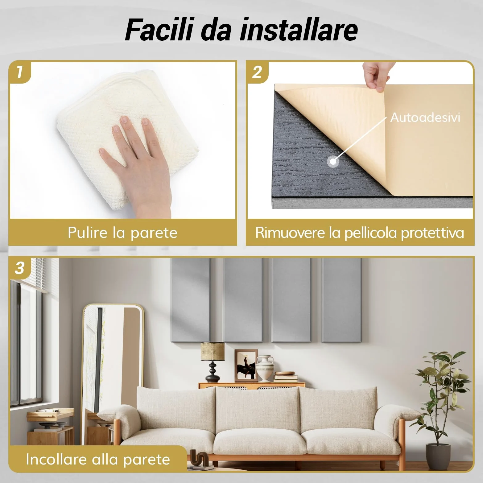 TONOR 4 PCS Grandi Pannelli Fonoassorbenti, 90x30x6 cm Pannello Acustica 3D in Fibra di Vetro con Autoadesivo, Pannello Decorativo per pareti che Assorbe L'eco, per Studio/Soggiorno/Casa, Grigio