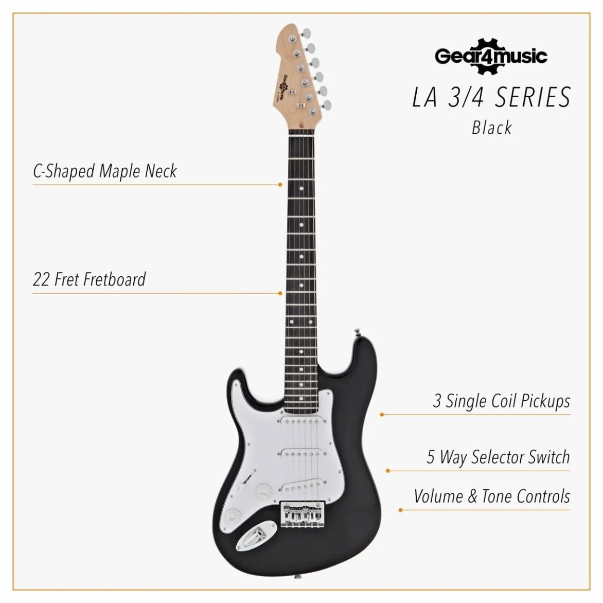 Chitarra Elettrica LA 3/4 Mancina Nera, Ampli 10W e Accessori | Per Giovani Mancini Principianti, Design Confortevole e Facile da Usare, Ampli Portatile con Uscita Cuffie, Custodia Inclusa