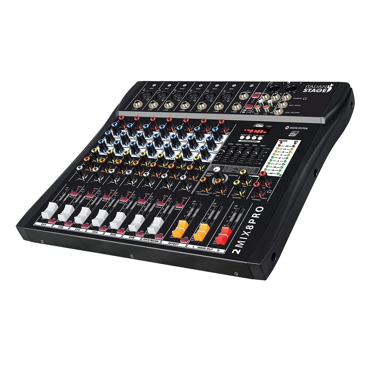 Italian Stage IS 2MIX8PRO - Mixer audio stereo 8 canali + DSP Multi FX, Lettore/registratore USB integrato e Bluetooth, Nero