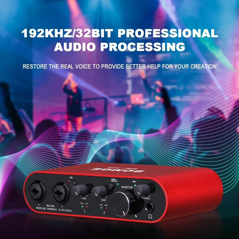 BOMGE Interfaccia audio USB alimentazione phantom XLR/48V, 32bit/192kHz ad alta fedeltà, per interfaccia mixer audio da studio per chitarristi, cantanti, podcaster, produttori, plug and play