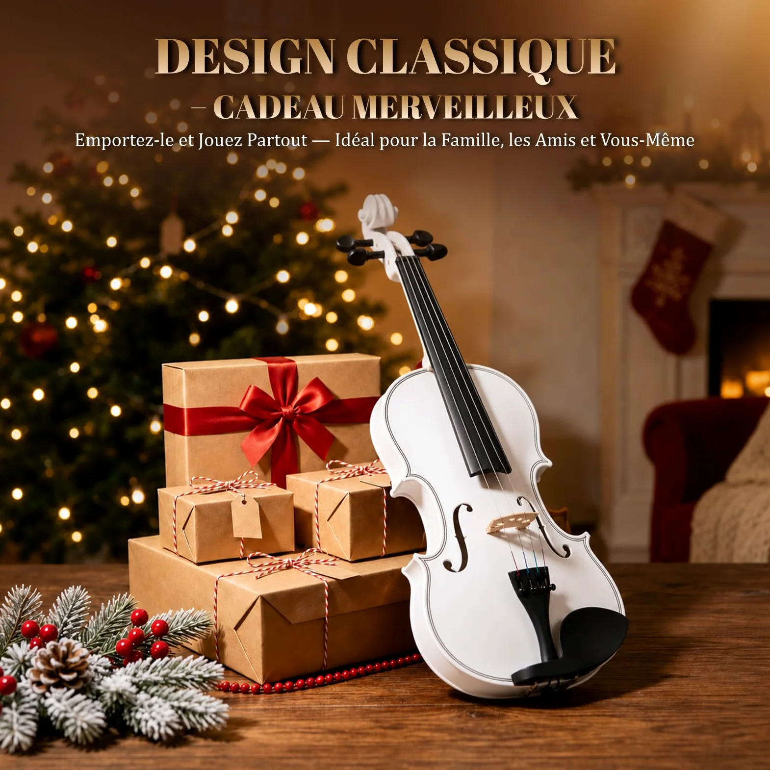 Bonnlo Violino per Bambini e Principianti, Misure 1/4, 1/2, 3/4 e 4/4, Violino in Legno Compensato di Tiglio con Acro in Legno Rosso, Astuccio, Colofonia e Mentoniera, 4/4, Bianco