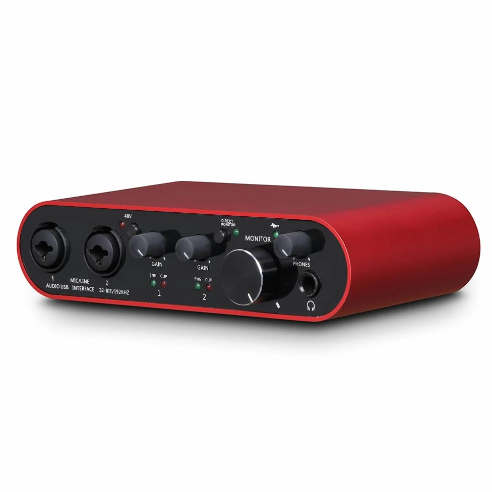 BOMGE Interfaccia audio USB alimentazione phantom XLR/48V, 32bit/192kHz ad alta fedeltà, per interfaccia mixer audio da studio per chitarristi, cantanti, podcaster, produttori, plug and play