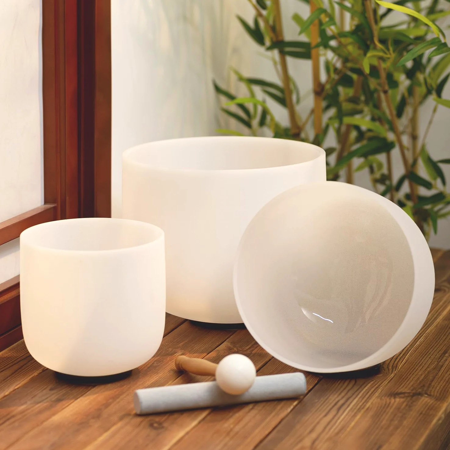 Hye-eun Set di 3 campane tibetane in cristallo da 15,2 a 25,4 cm, 432 Hz, C, 20,3 cm F, 15,2 cm, per meditazione e yoga, custodia da trasporto