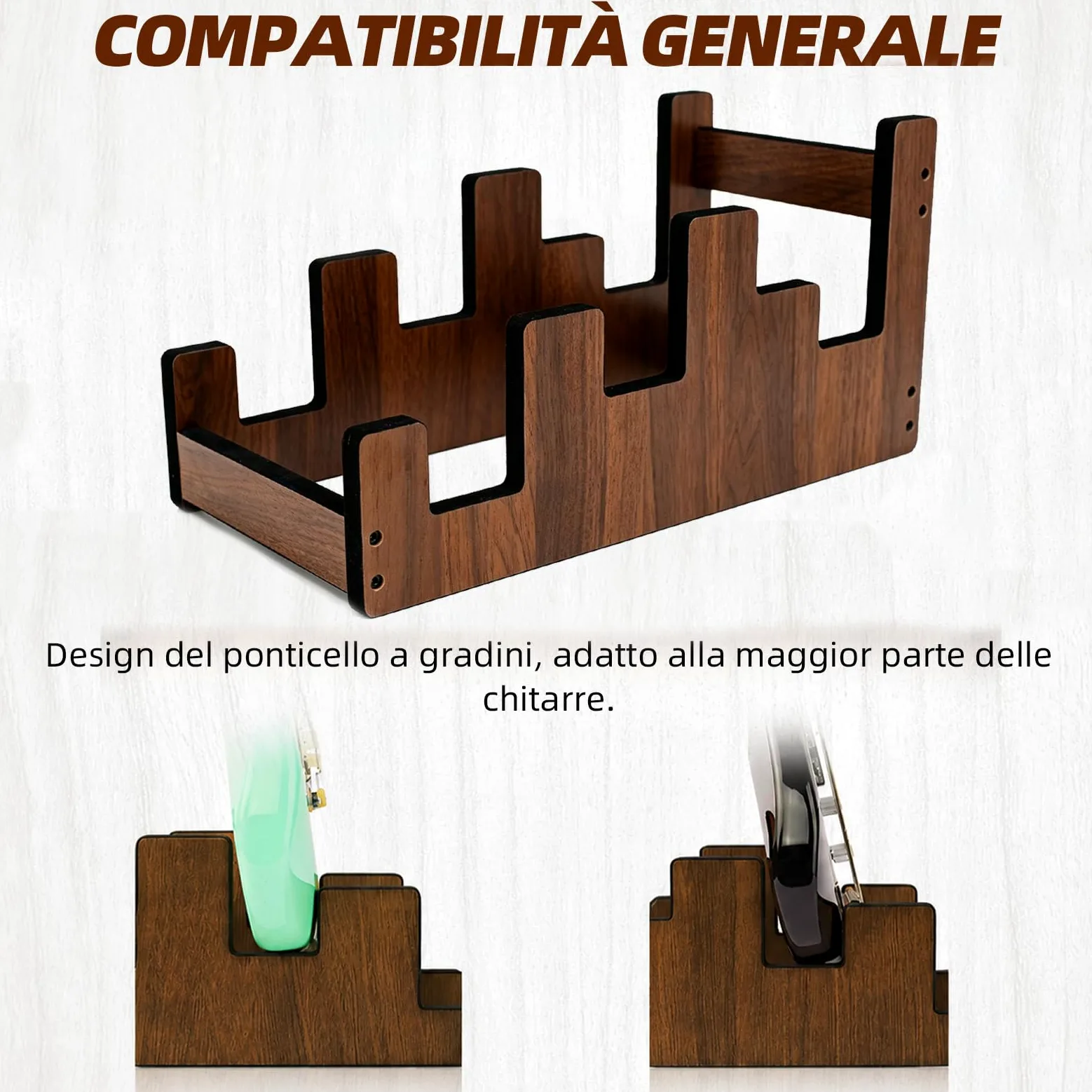 Supporto per chitarra in legno per 2 chitarre elettriche + 1 acustica | Legno massello, livelli scalati, ampia rientranza per chitarra acustica, imbottitura, antiscivolo, risparmio spazio
