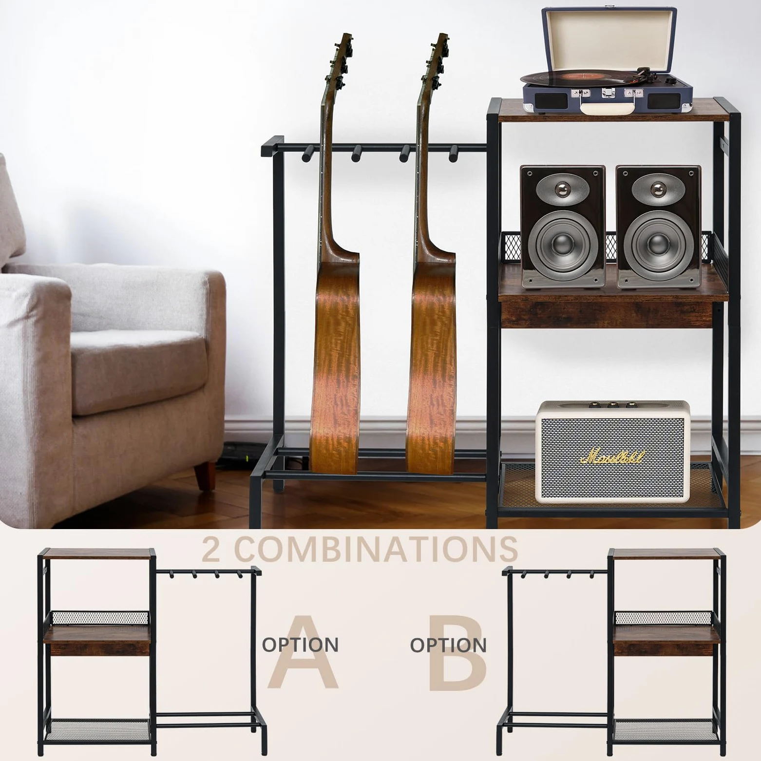 Supporto per chitarra, supporto per chitarre multiple fino a 3, supporto per giradischi in vinile a 3 livelli, rack per acustica, basso, ukulele, amplificatore, supporto per giradischi per