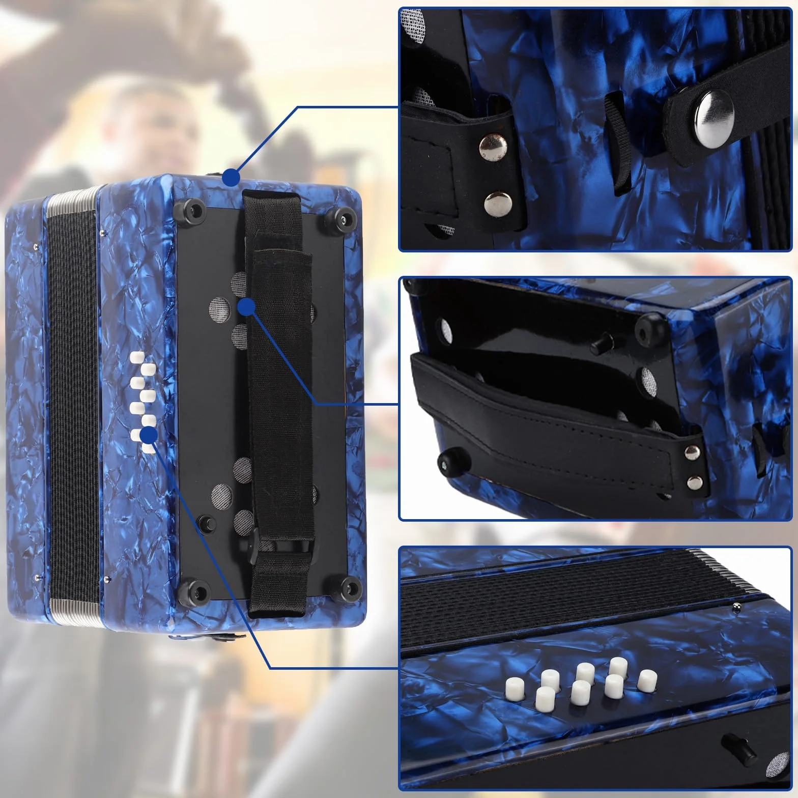 Fisarmonica Professionale 22 Tasti 8 Bassi, Musicale Portatile(blu) | Con Tastiera in Legno e Tracolla Regolabile, Inclusi Guanti e Panno per Pulire per Principianti e Musicisti Adulti