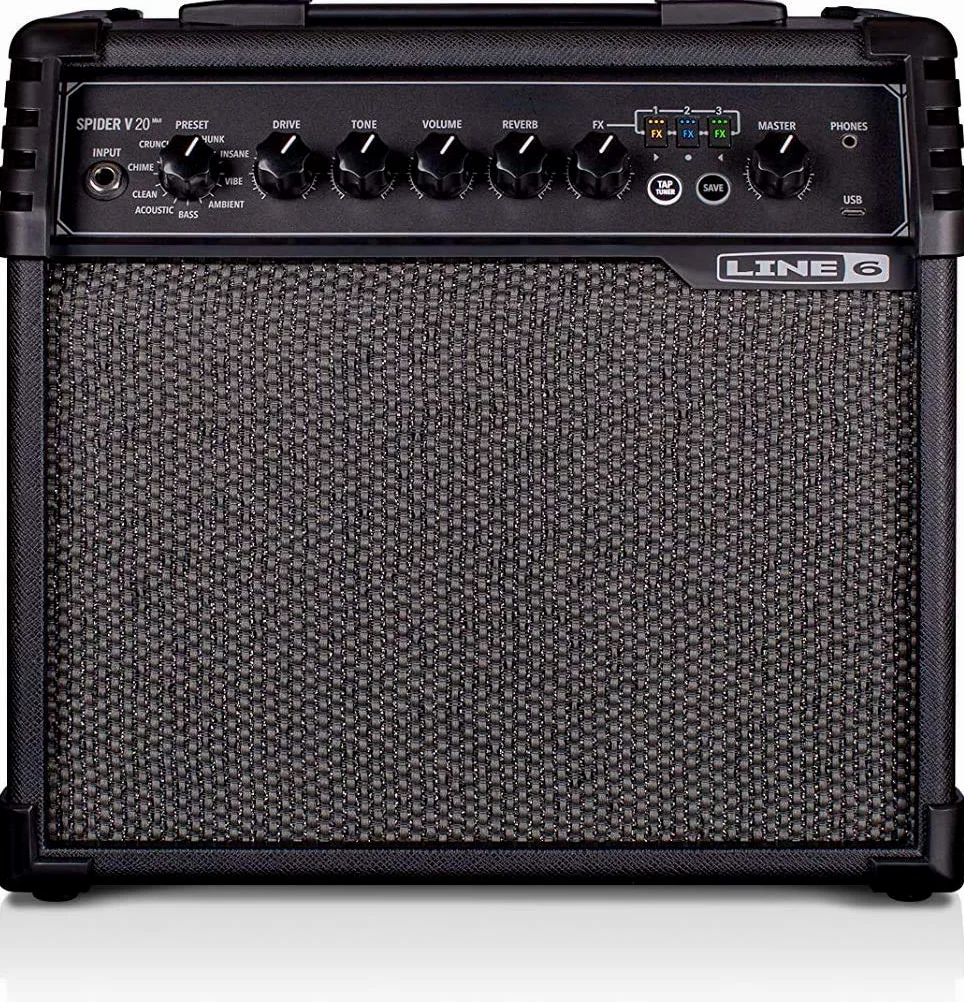 Amplificatore per chitarra Yamaha Line 6 Spider V 20 MkII in nero - Amplificatore da 20 W con altoparlante da 8 pollici, 16 toni preimpostati e 3 effetti simultanei