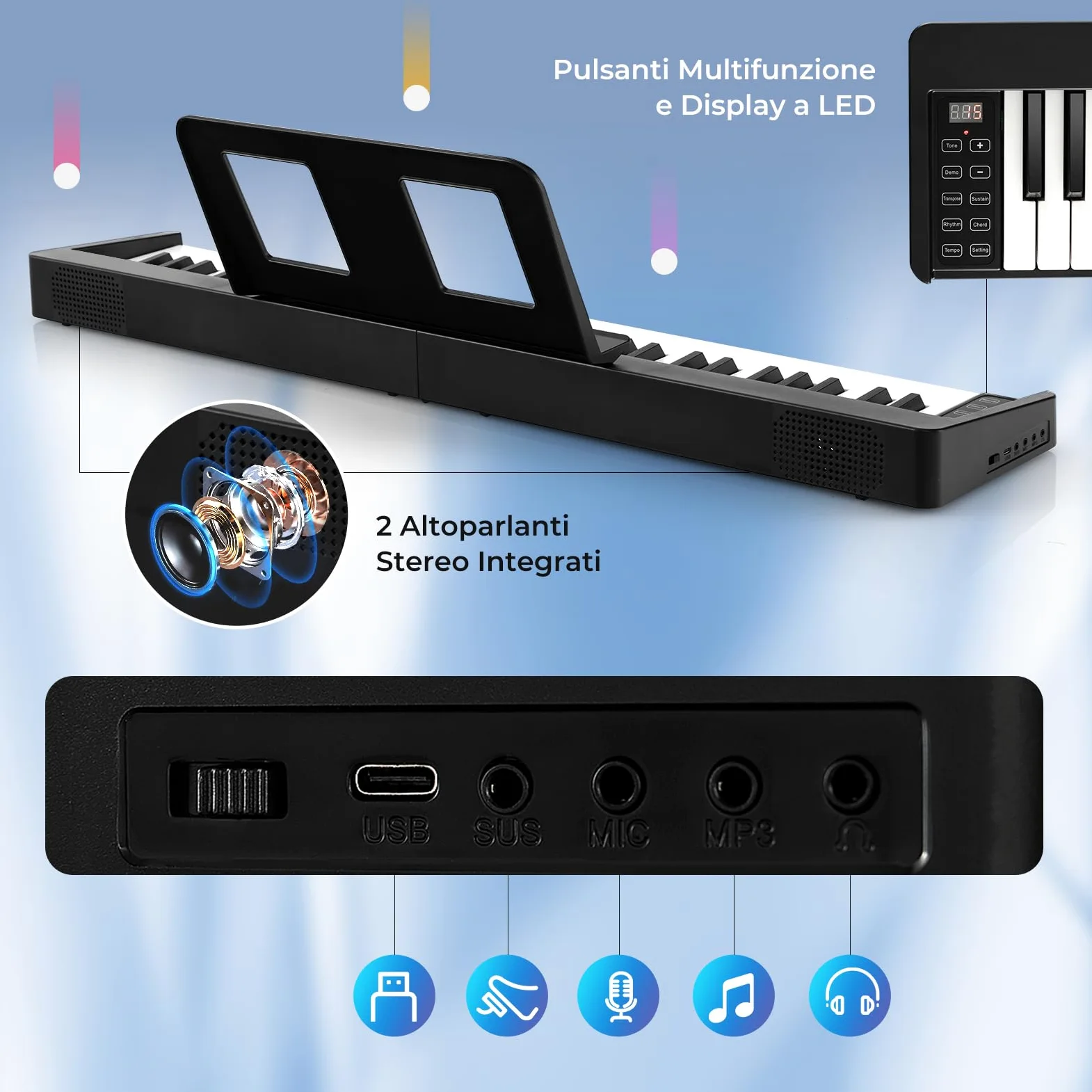 RELAX4LIFE Tastiera Pianoforte Digitale 61 Tasti, Pieghevole Portatile con Custodia, Bluetooth MIDI/Audio, Tasti Sensibili, Batteria 1750mAh, per Principianti Bambini Adulti