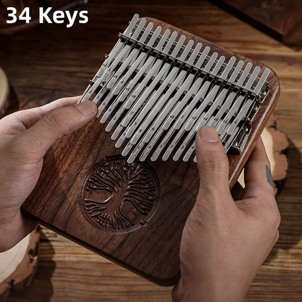 Kalimba a 34 tasti, pianoforte da pollice B accordato in legno massello di noce nero con pickup, denti in acciaio minerale aggiornati per registrazione delle prestazioni, include accordatore a borsa