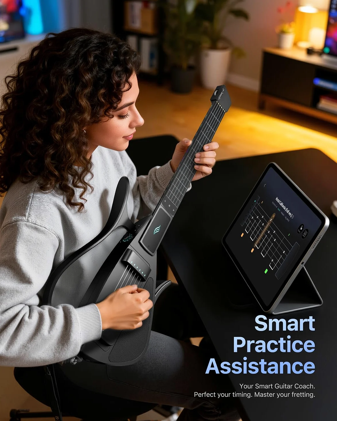 Enya CYBER-G Chitarra Smart – con corde in silicone, 24 suoni integrati, chitarra da viaggio silenziosa nera con altoparlante, drum system, app e accordi interattivi per adulti o adolescenti