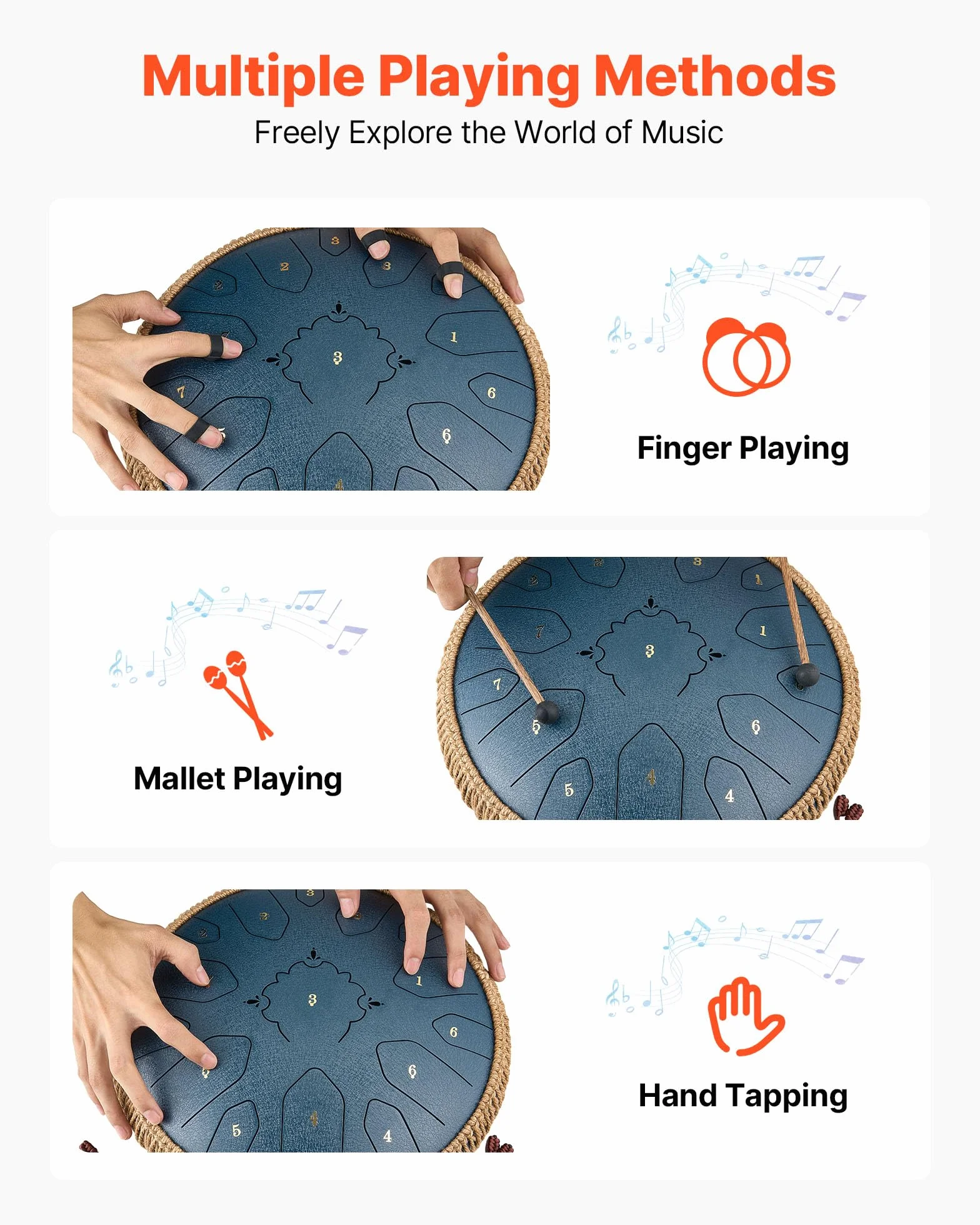 VEVOR Tamburo a Lingua d'Acciaio, Tamburo a Pioggia da 330 mm e 15 Note per Giardino Esterno, Tamburi Musicali in Do Maggiore con Libro di Musica e Bacchette, Strumento a Percussione, Blu Navy