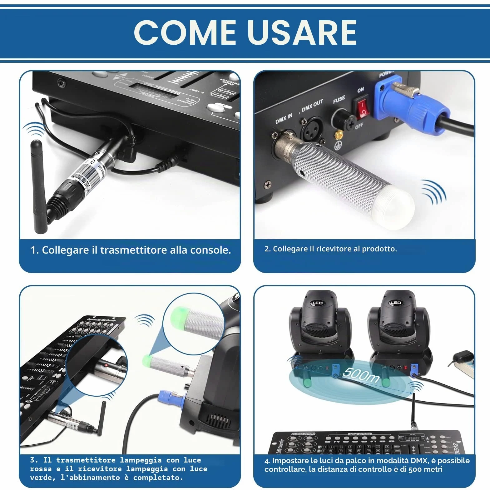 UKing Controllore DMX Senza Fili, Trasmettitore/Ricevitore Wireless DMX512 Controllore di illuminazione a LED Funziona con il Controller DMX, per Luminose del Palcoscenico a Testa Mobile DMX 512/384