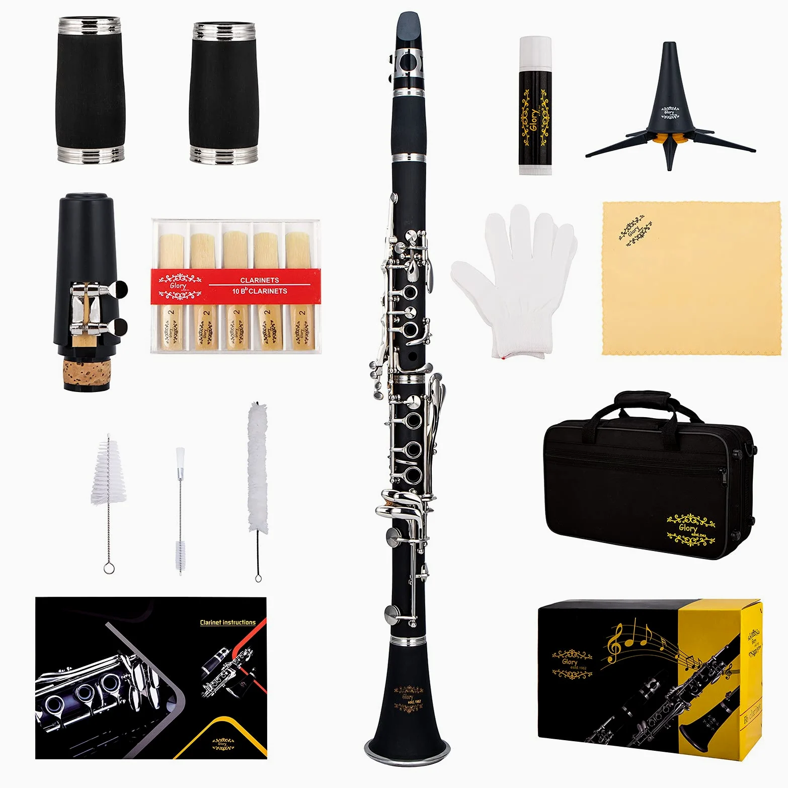 Glory GLY-PBK - Clarinetto professionale in ebanite con 10 ance, supporto, custodia rigida, panno per la pulizia, spazzola per bocchino e spazzola per cuscinetto, nero