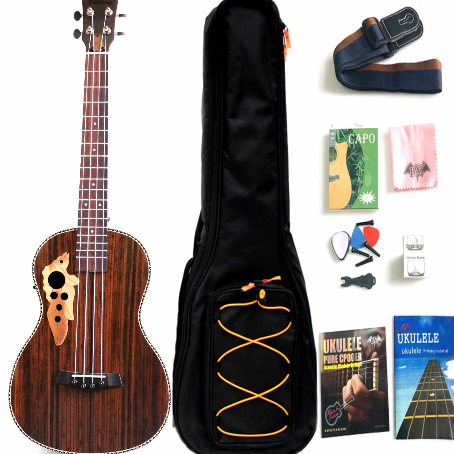 Ukulele baritono elettrico e acustico, 76 cm, completamente in palissandro con truss rod, equalizzatore, con borsa da concerto, tracolla, corda di nylon, accordatore elettrico
