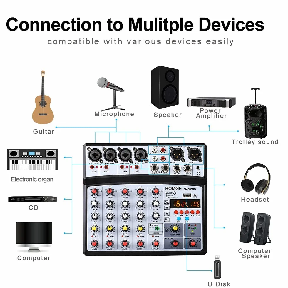 BOMGE Professionale 6 Canali 99DSP DJ Audio Sound Mixer Interfaccia Console di Mixaggio Desktop Karaoke con Ingresso MP3, USB, Ingresso Bluetooth, Registrazione Stereo, Alimentazione Phantom 48V