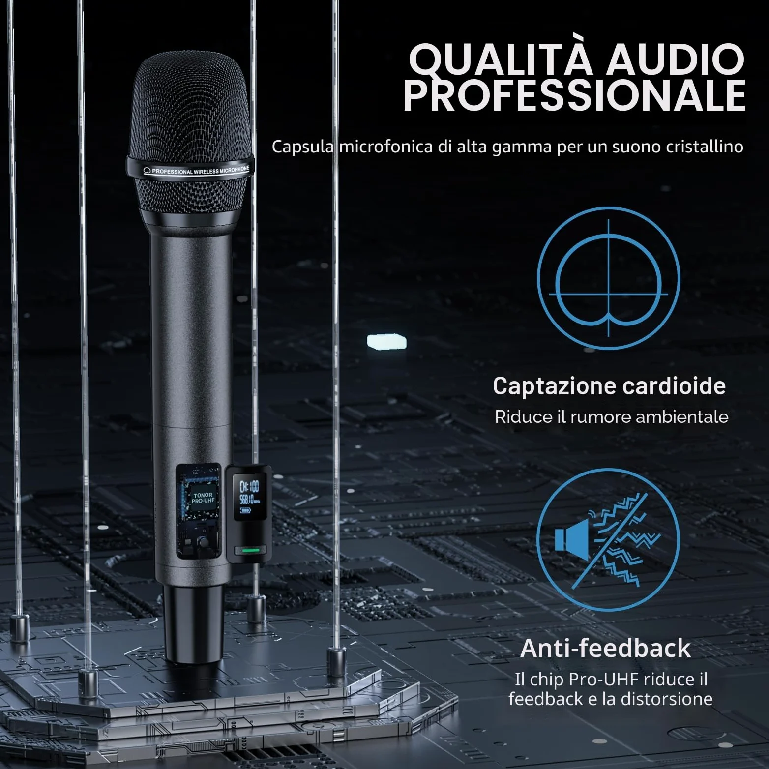TONOR Sistema Microfono Wireless, Microfono Ricaricabile Professionale, Microfono Dinamico Cordless in Metallo 2x100 UHF per Karaoke, Chiesa, Canto, Matrimonio, Riunione, DJ, Auto Scan, 80 M,TW550