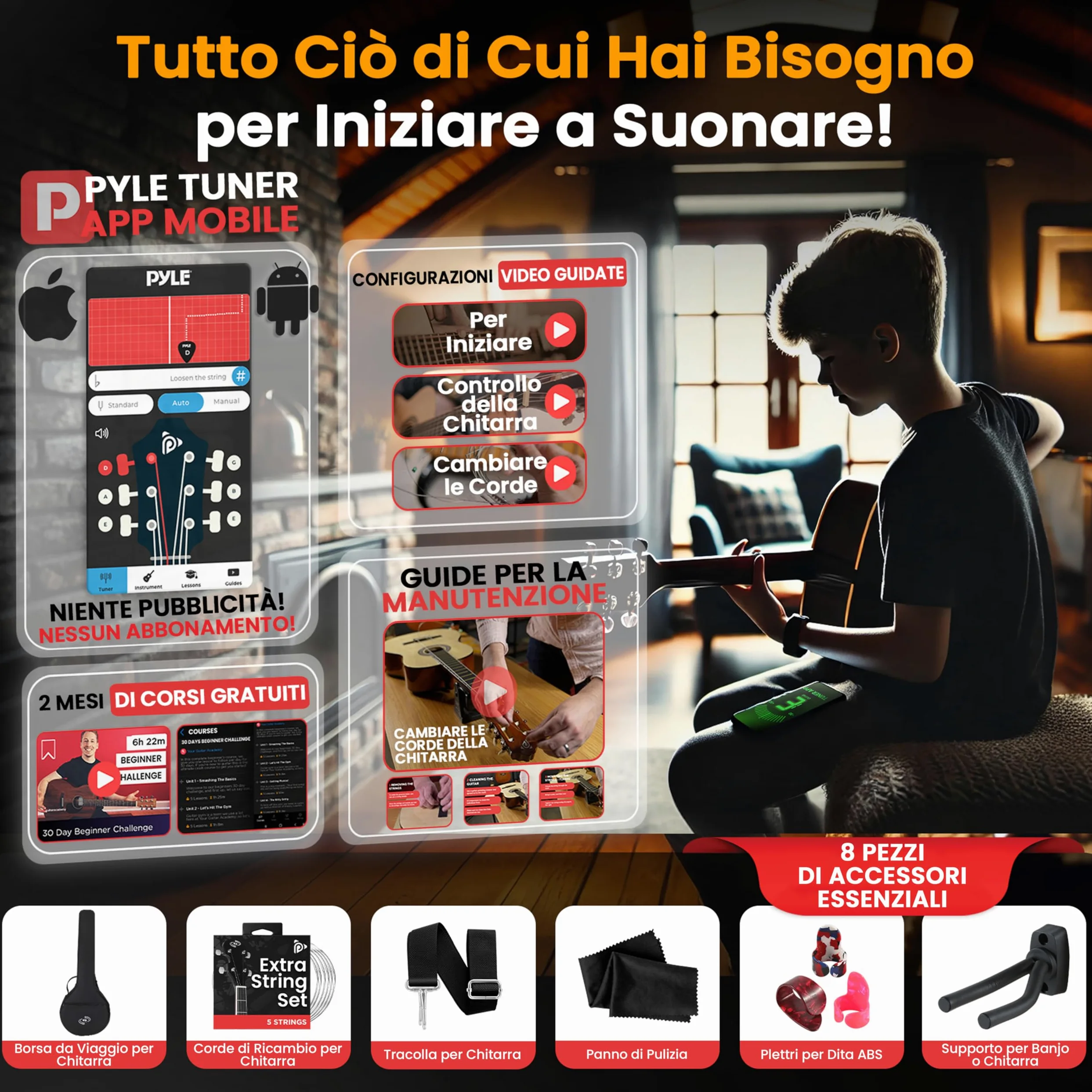 Pyle Kit Iniziale Banjo a 5 Corde con Risonatore, Staffa 24, Tamburo Remo, Retro in Legno Duro, Accordatore, Plettri, Tracolla e Borsa