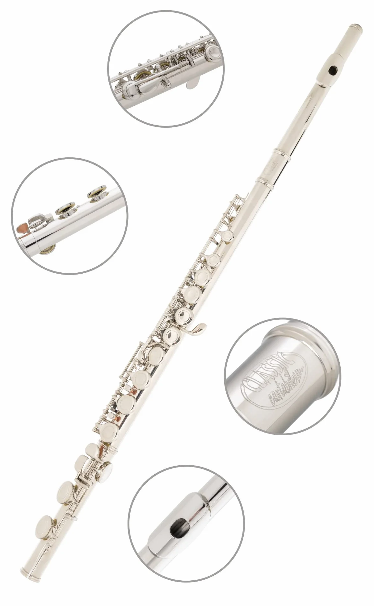 Classic Cantabile FL-100 Flauto Traverso Nichelato Set, Chiavi chiuse | Ottimo strumento per principianti, Completamente in nichelato (testa, corpo e meccanica), Meccanica E fluida, Suono caldo