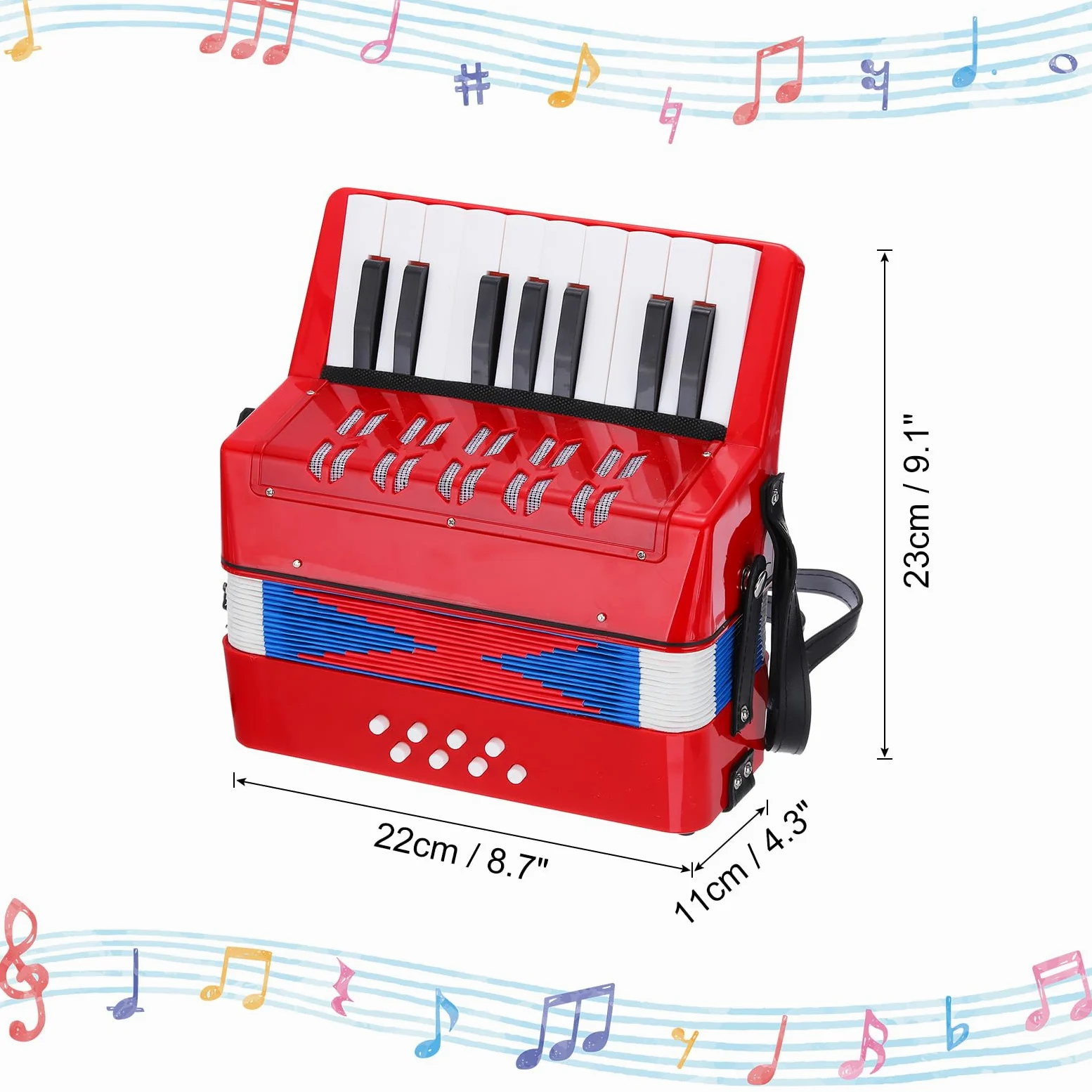 QUARKZMAN Accordion, 17 tasti, 8 bottoni, fisarmonica, giocattolo mini strumento musicale, leggero, per adulti, principianti, istruzione, rosso