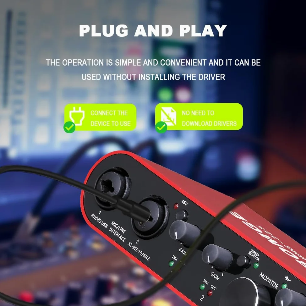 BOMGE Interfaccia audio USB alimentazione phantom XLR/48V, 32bit/192kHz ad alta fedeltà, per interfaccia mixer audio da studio per chitarristi, cantanti, podcaster, produttori, plug and play