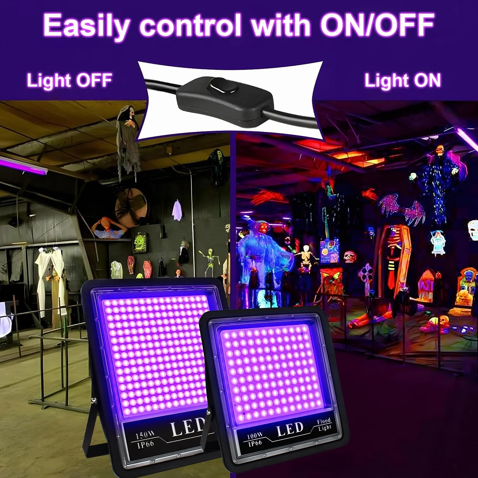 Eleganted Luce Nera UV, 100W Faretto UV LED con Spina, IP66 Impermeabile Faretto Ultravioletta 395-405nm Black light per Festa,Pittura Fluo,Poster Fluorescente,Bar,Halloween,Party,Discoteca