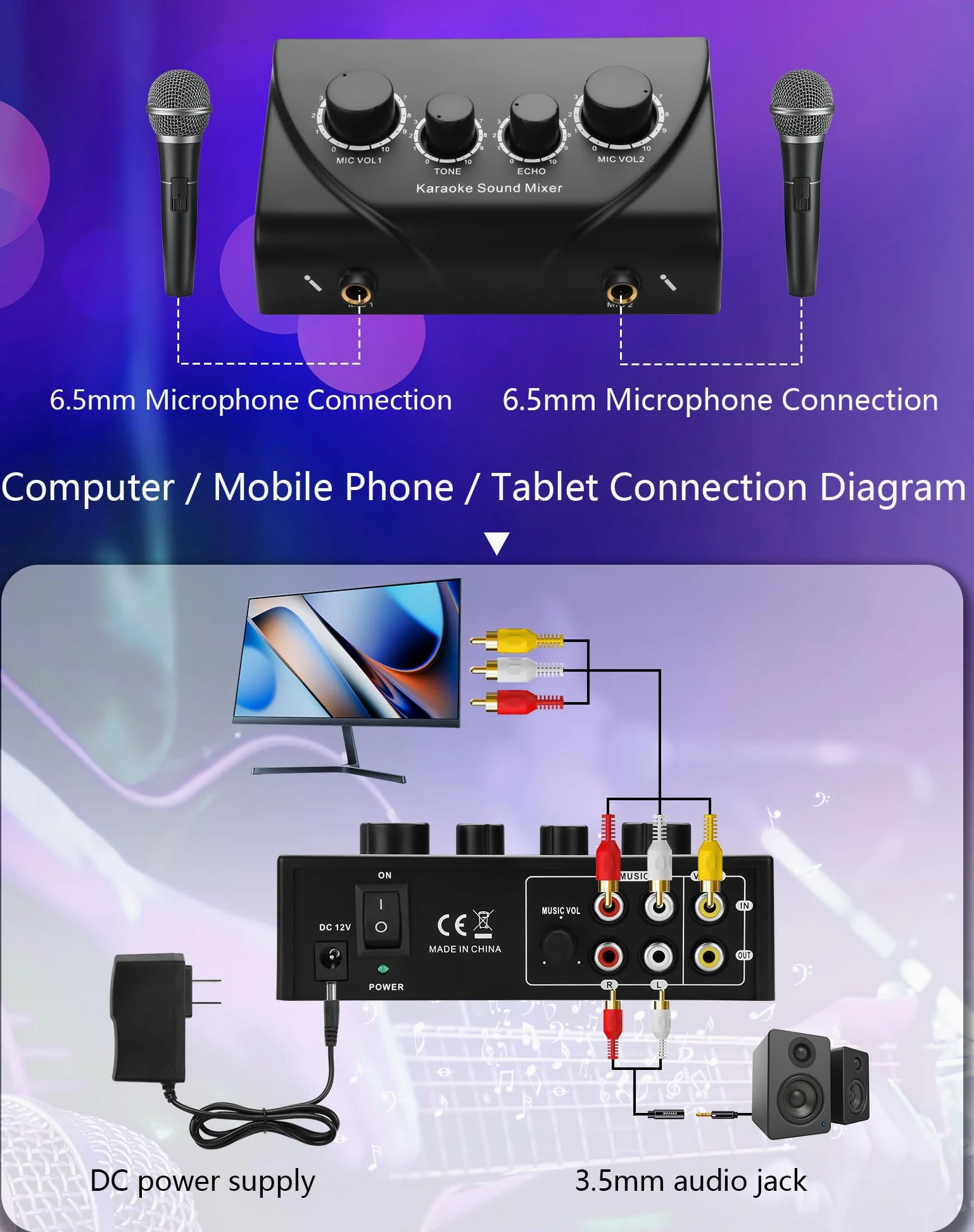 CERRXIAN Mixer audio per karaoke, doppio ingresso microfono con controllo dell'eco, compatibile con TV, computer, smartphone e tablet, per karaoke a casa