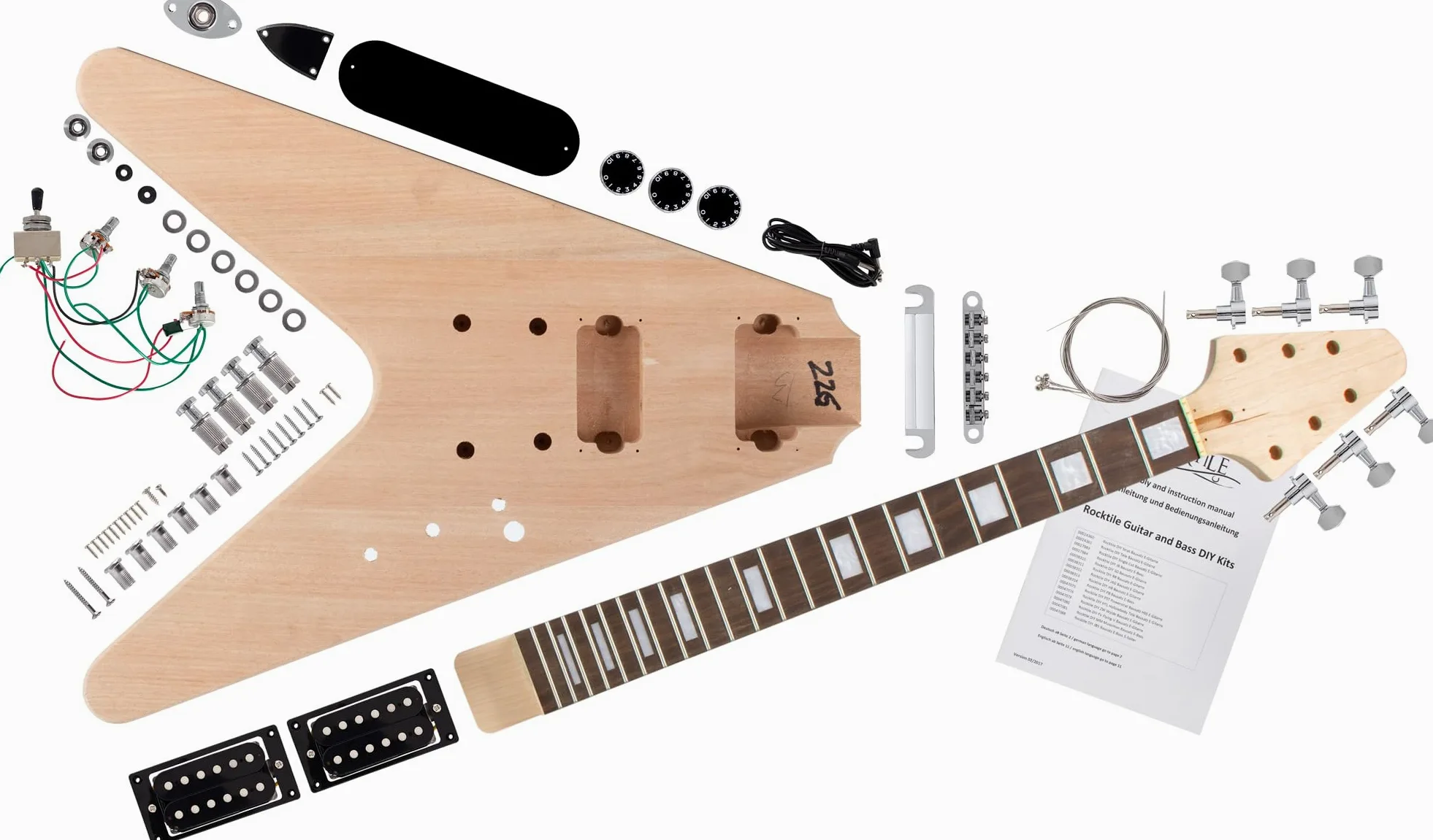 Kit Rocktile per Chitarra Elettrica FV-Style, Corpo: mogano, 22 tasti | "Do-it-yourself" kit per chitarra elettrica, Manico: mogano da incollare, Tastiera: palissandro, Pickup: 2x Humbucker, 3 kg