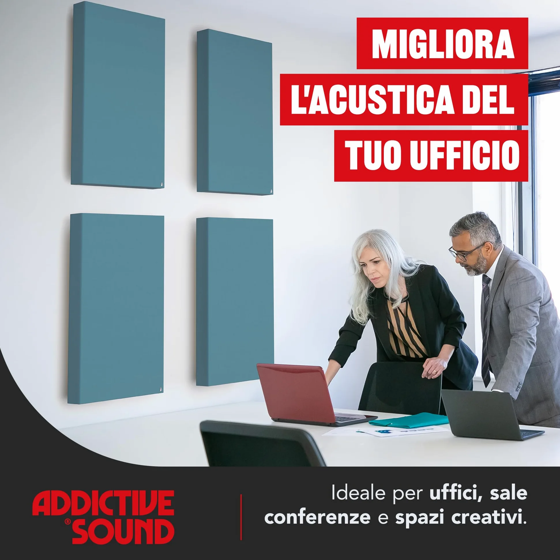 Addictive Sound Pannelli Fonoassorbenti Premium, pannello acustico qualità studio con lana acustica, Classe A di assorbimento, prodotto in UE, kit parete/soffitto, 100x50x11 cm, 8 kg, Nero