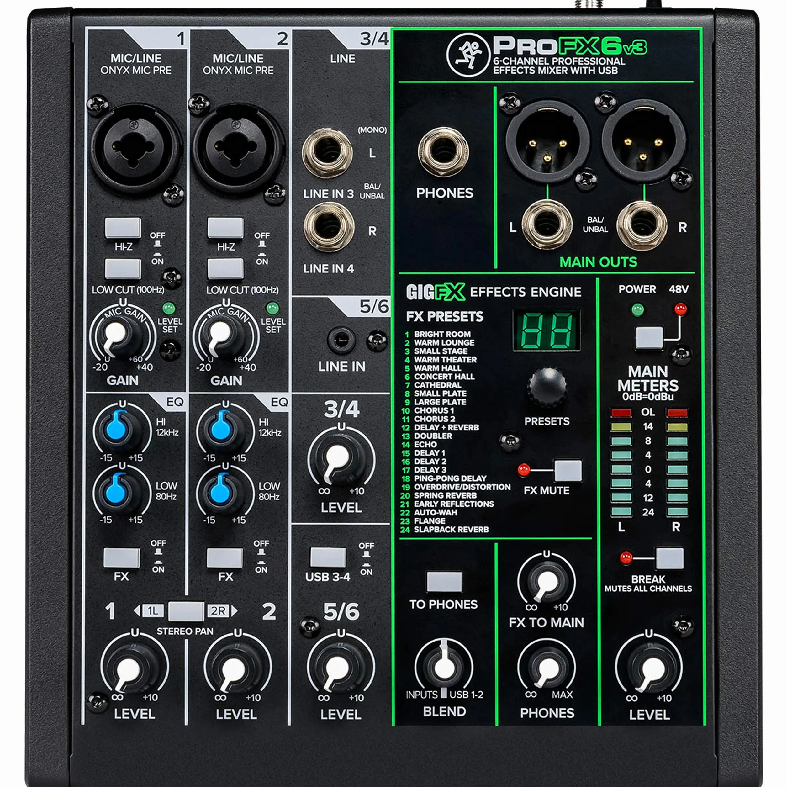 MACKIE Profx6V3 Mixer Analogico a 6 Canali con i Preamplificatori Microfonici Onyx, Effetti e Interfaccia Audio USB a 24 Bit/192 Khz 2X4 Canali