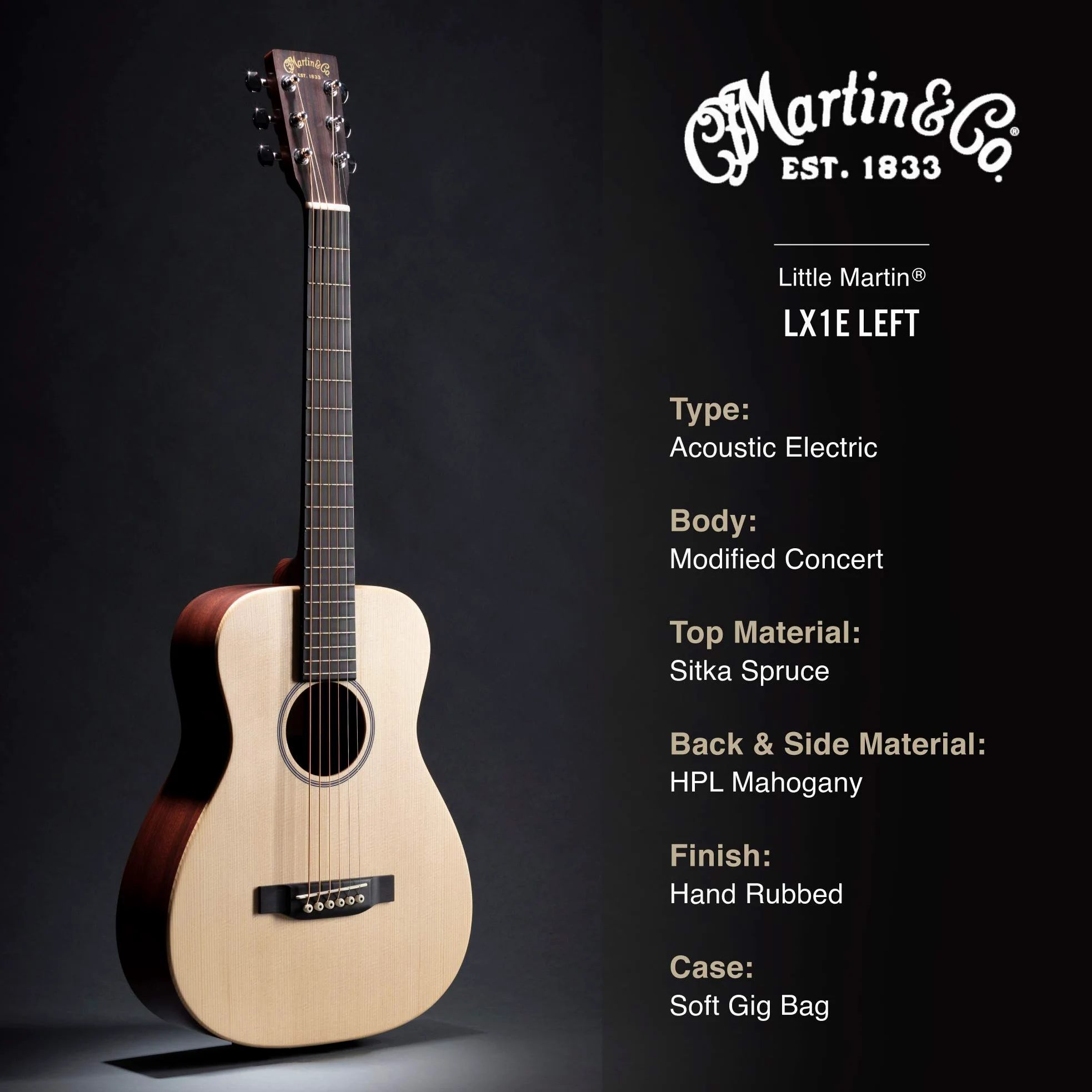 MARTIN & CO. - LX1E Left-Handed Chitarra Acustica Elettrificata per Mancini, Top in Abete Sitka Massello, Fasce e Fondo HPL, Elettronica Fishman, Con Custodia