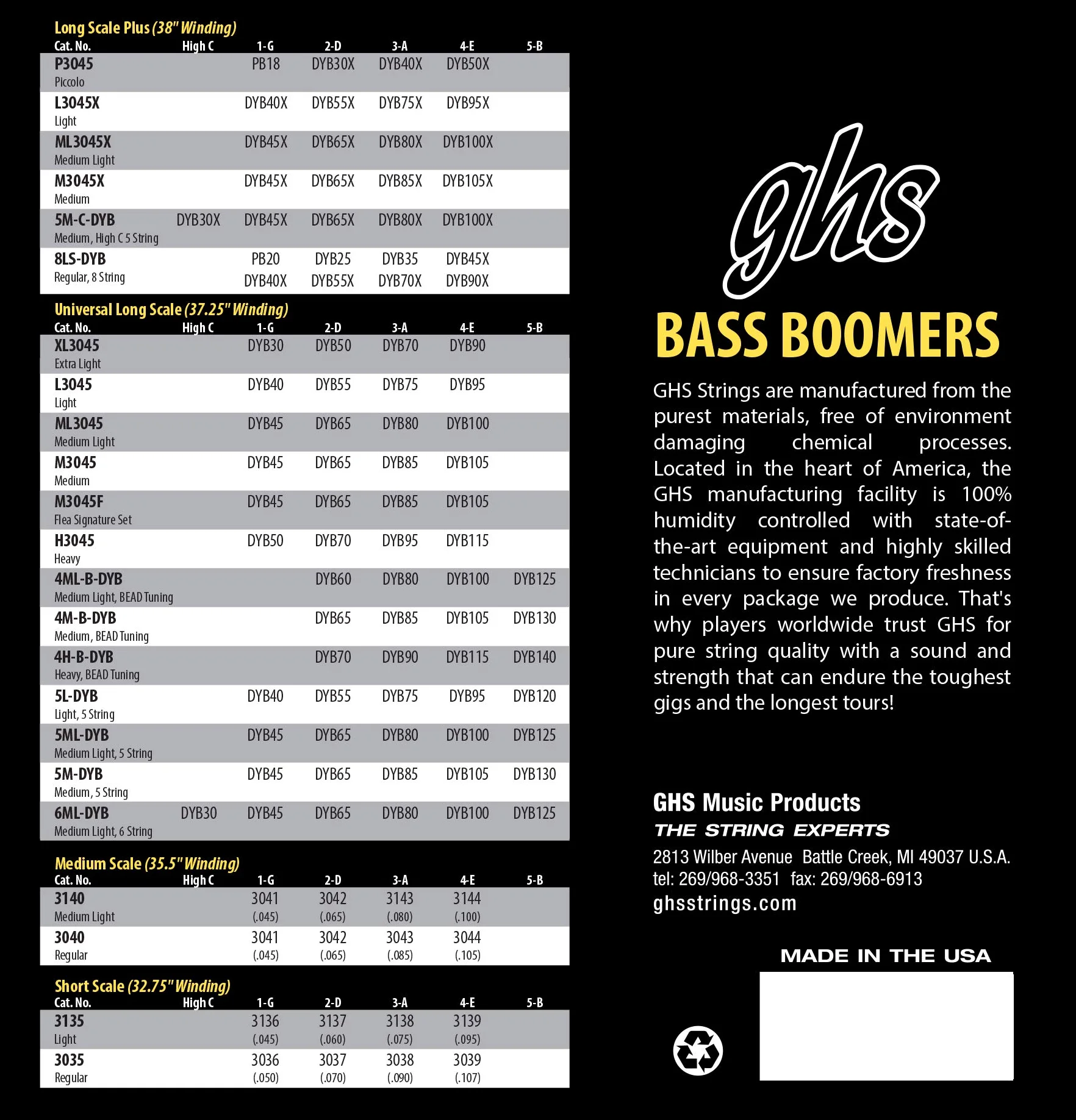 GHS Strings 5M-C-DYB Set di corde per basso boomer, medio, alto, C, 30-100