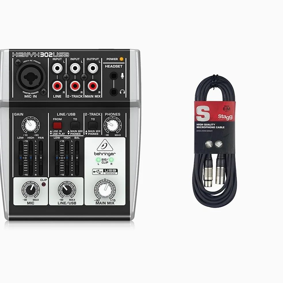 Behringer 302USB Mixer premium a 5 ingressi con preamplificatore microfonico XENYX e interfaccia USB/audio & Cavo da microfono a mixer Stagg SMC6 da 6 metri XLR (m) -XLR (f), nero