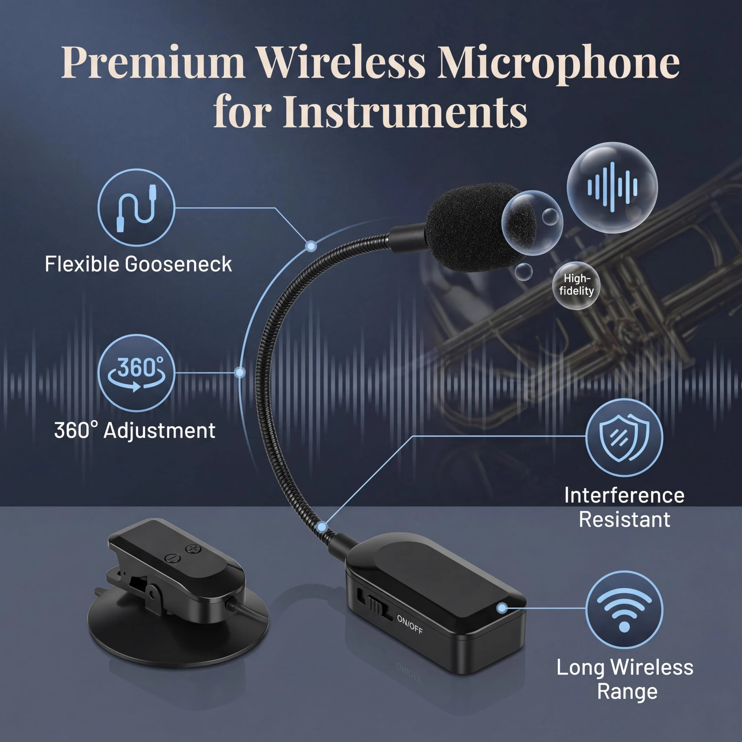Cocoarm Microfono per Strumenti Wireless, Microfonico Portatile 2.4G per Chitarra, Violino e Fisarmonica con Acquisizione Accurata del Suono e Portata Wireless di 100 Piedi