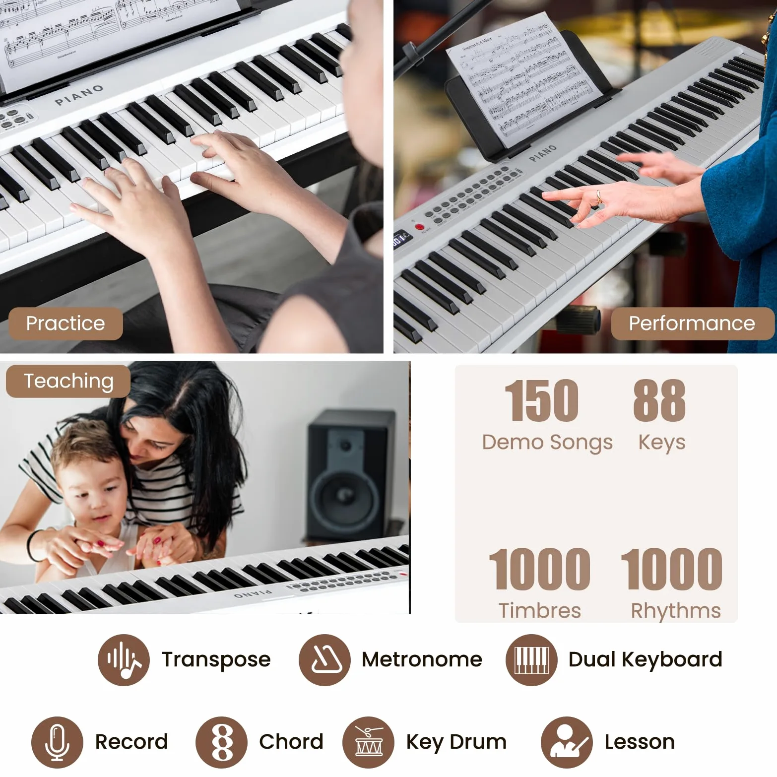 KOMFOTTEU Pianoforte Digitale 88 Tasti Pieghevole, con MIDI Wireless, Altoparlanti Doppii, 1000 Timbri E Ritmi, Tastiera Elettronica Semi-Pesato, Pianola Facile da Trasportare con Borsa (Bianco)
