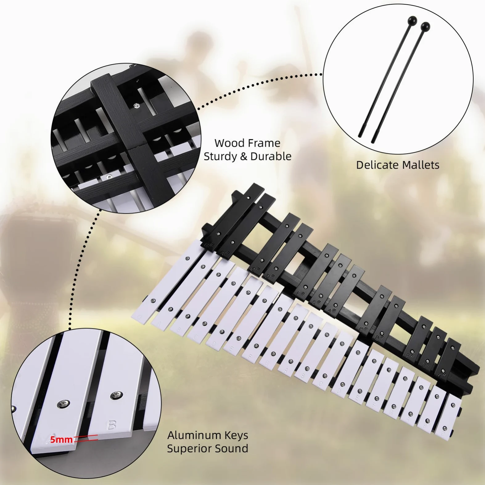 Naroote Xilofono, Xilofono per adulti Strumento xilofono a 30 note con tasti in alluminio spessi 5 mm Strumenti per principianti e professionisti (Nero Bianco)
