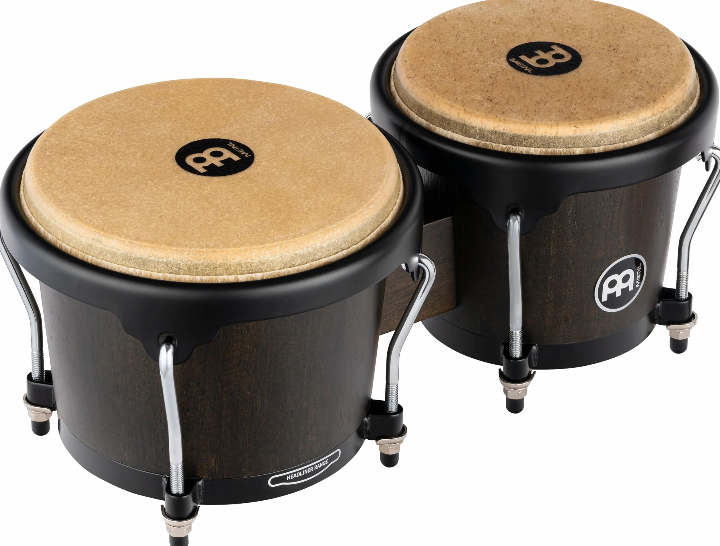 Meinl Percussion Bongos Headliner Wood - 2 Tamburi a Mano da 6.75 e 8 Pollici - Chiave Accordatura Inclusa - Quercia del Siam, Black (HB100VWB-M)