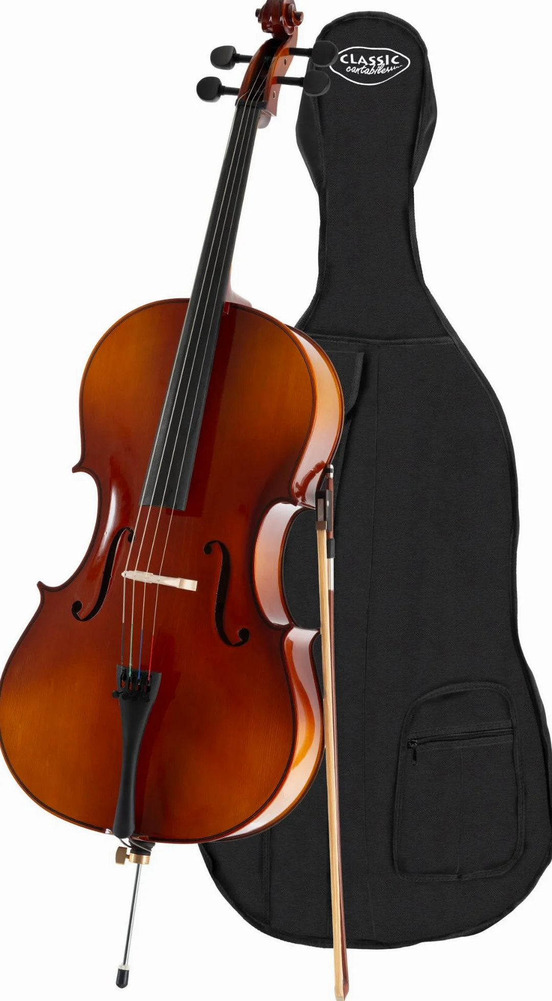Classic Cantabile Student Cello 3/4: tavola in abete laminato, fondo, fasce, manico e ponticello in acero, tastiera in tiglio tinto, meccaniche e capotasto in acero annerito. Include arco e custodia.