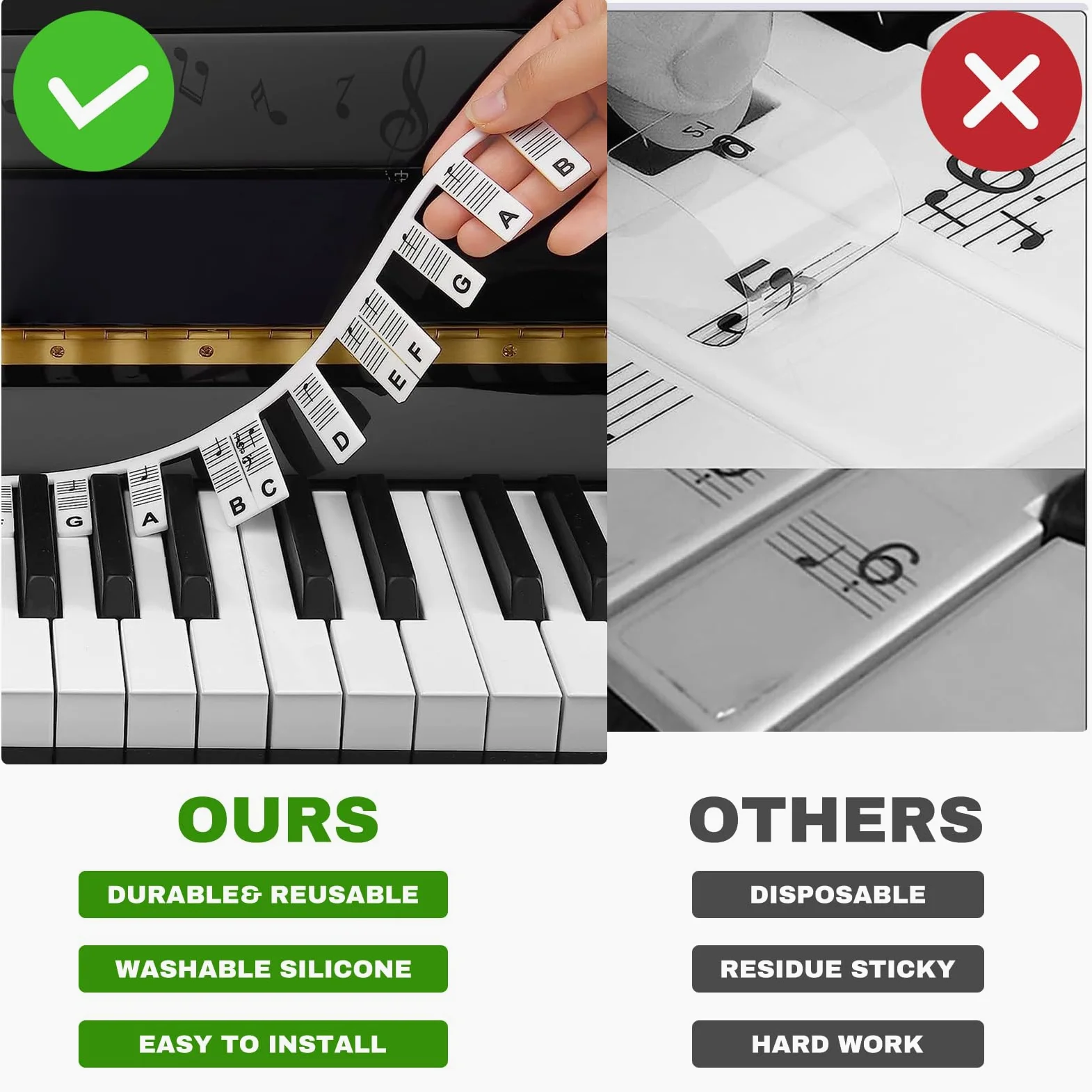Etichette in silicone per pianoforte, note musicali per pianoforte, istruzioni (lingua italiana non garantita), accessori per pianoforte per 88 tasti di dimensioni intere, tasti per pianoforte per