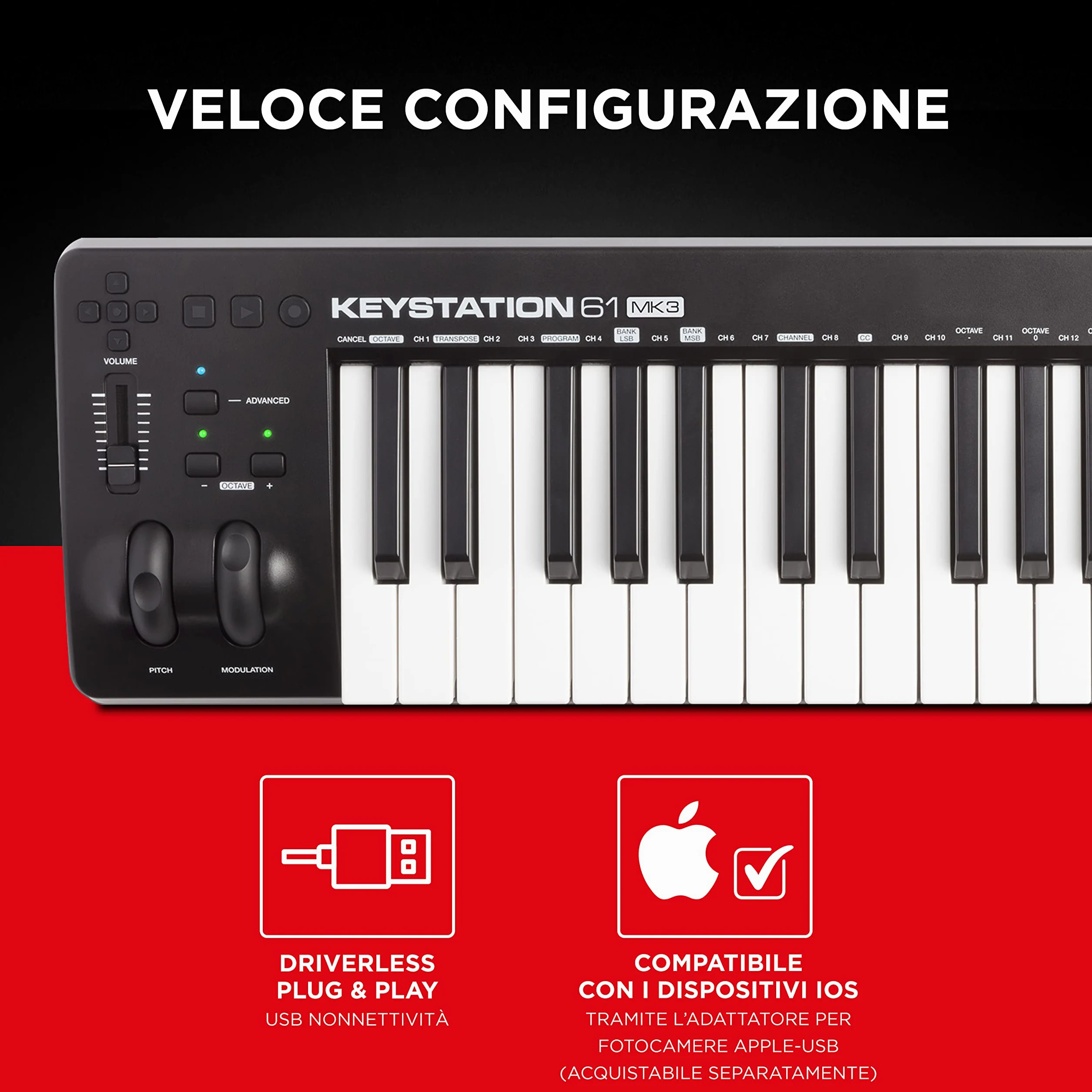 M-AUDIO Keystation 61 MK3 - Tastiera MIDI Controller USB a 61 Tasti, Controlli Assegnabili, Plug-and-Play (Mac/PC) + Pacchetto Software