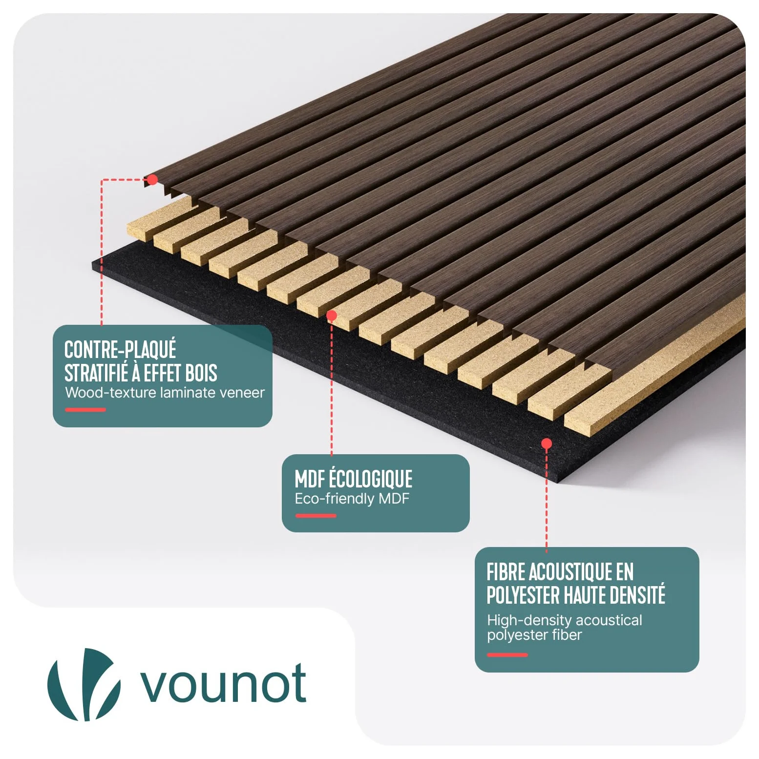 VOUNOT® Set da 4 Pannelli Fonoassorbenti 120x60x2,1 cm in MDF con Feltro di Poliestere Ignifugo, Pannelli Acustici da Parete 3D Isolamento Acustico per Soggiorno, Camera e Ufficio, Rovere Scuro