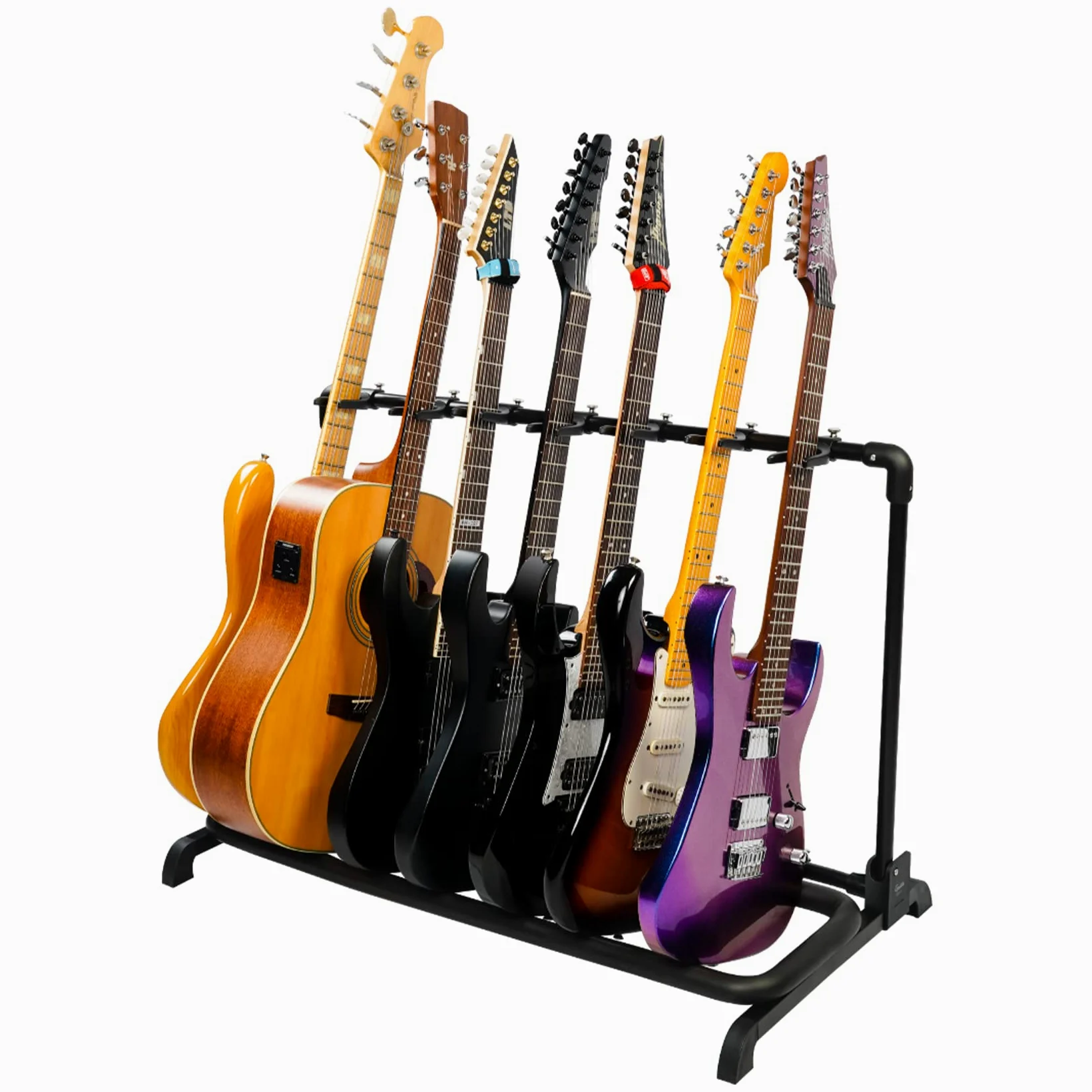 GUITTO - Supporto pieghevole universale per più chitarre, portatile, per basso e chitarra acustica, per banda e palcoscenico, 7 supporti GGS-11