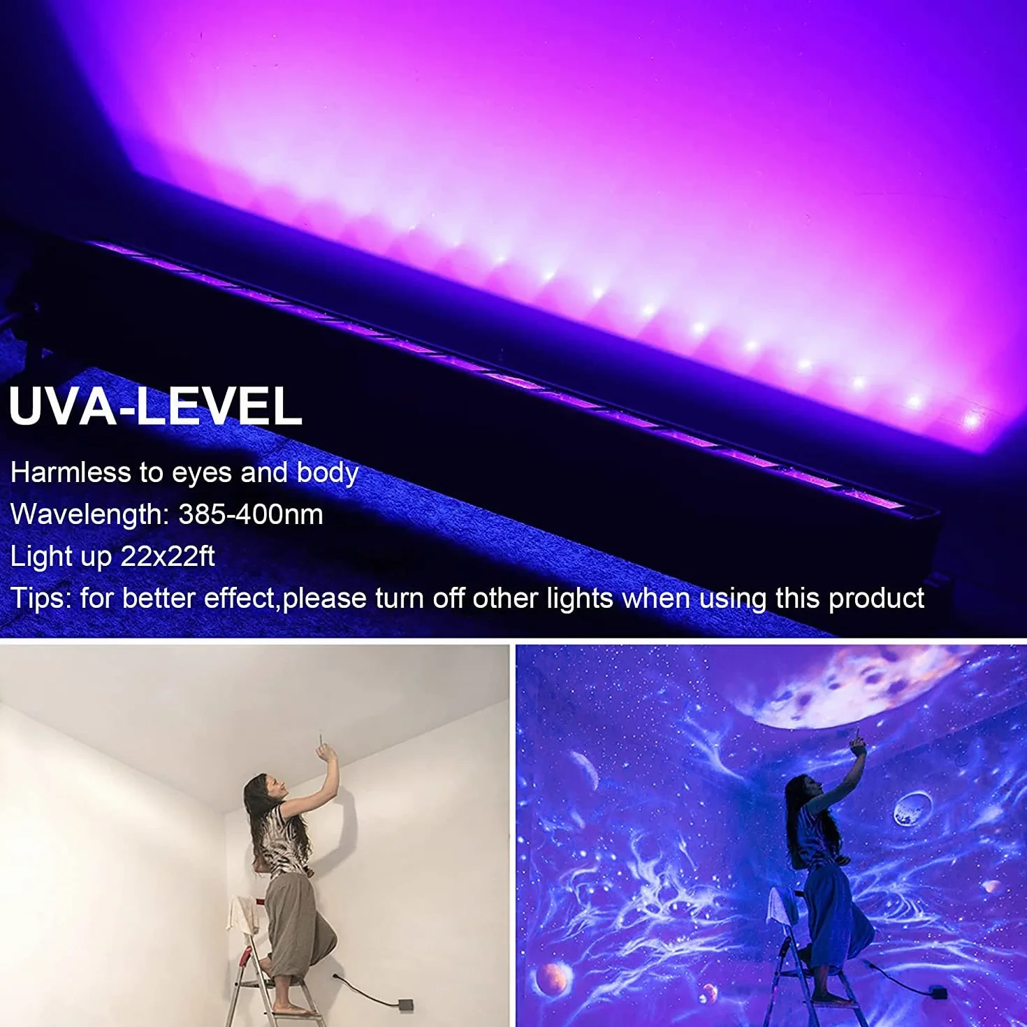 Eleganted Luce UV LED 36W, 64 LEDs Luce Nera Barra a LED Lampada Ultravioletta con 1.5m Spina, 395-400nm Black light Effetto Luce IP66 per KTV Bar Club Dsico Illuminazione Halloween