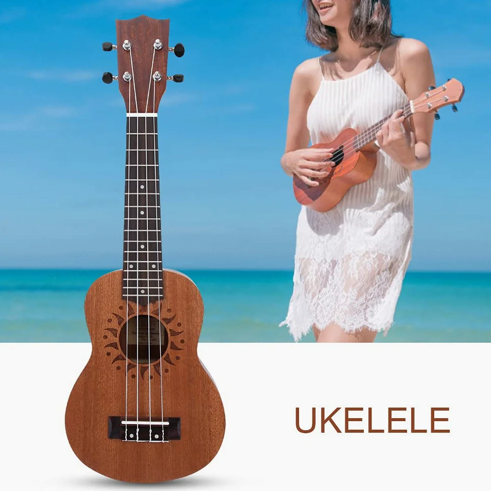 Ukulele Acustico da 21 Pollici, Set di Ukulele per Principianti Sapele con 1 Set di Corde e Capotasto, Strumento Musicale per Chitarra Hawaii a 4 Corde per Adulti Adolescenti(Girasole)