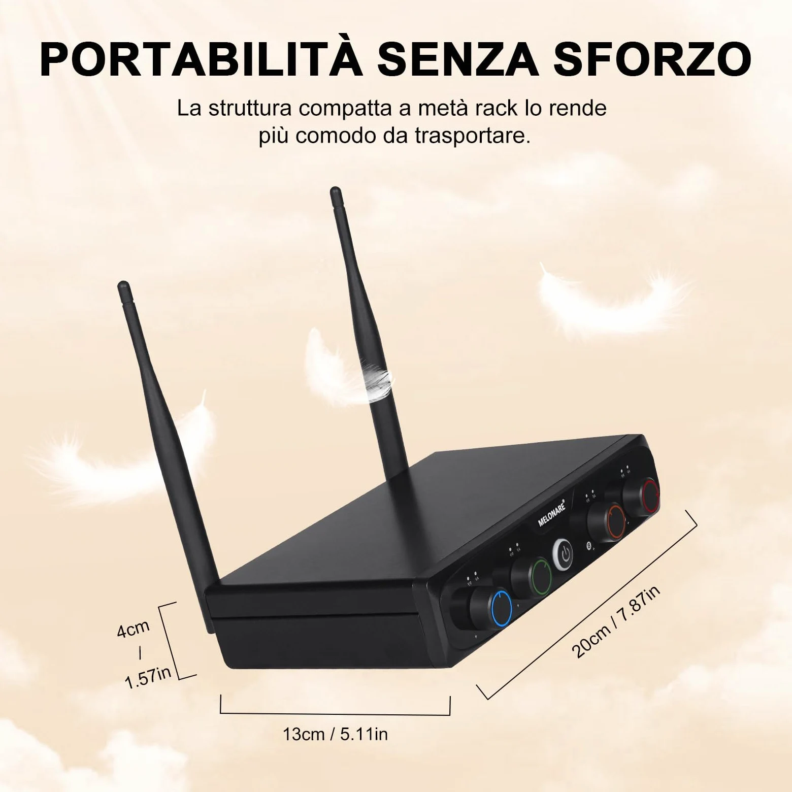 MELONARE Sistema microfonico wireless UHF a 4 canali con 4x10 frequenze, portata di 200 piedi, 4 bodypack e microfoni per cuffie/lapelle per canto, chiesa, conferenza (MWM-41-4B)