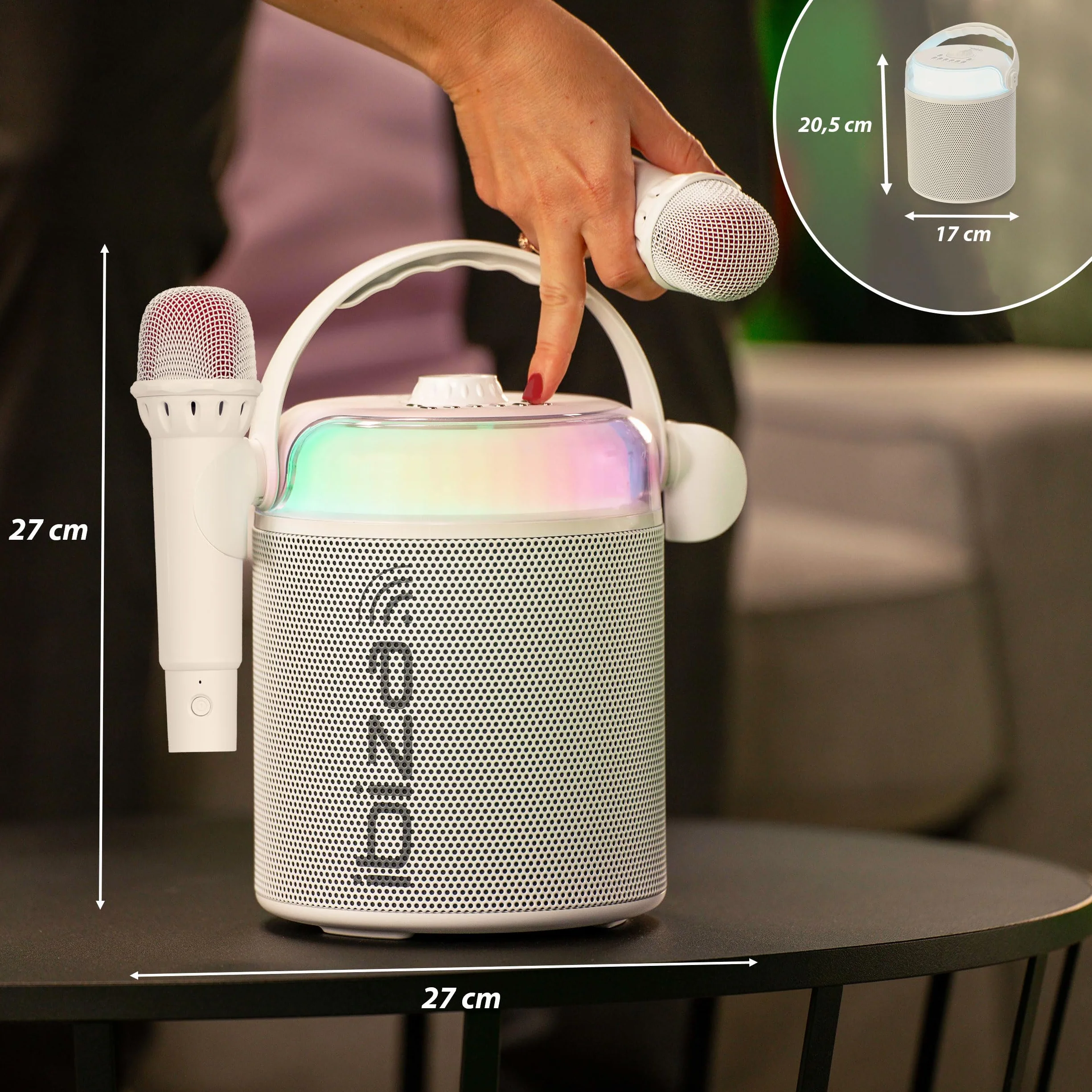 Ibiza - KARAHOME-WH - Altoparlante KARAOKE a batteria con due microfoni wireless (a batteria) - Bluetooth, USB, MicroSD, USB, AUX e COAX - Bianco